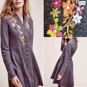 Rare! Anthropologie Cynthia Embroidered Wool Sweater Coat Jacket